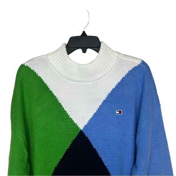 Tommy Hilfiger Ivory/Green/Blue Multi Diamond Argyle Print Mock Neck Sweater XL - Picture 4 of 11